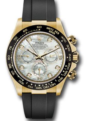 Rolex Yellow Gold Cosmograph Daytona 40 Watch - White Mother-Of-Pearl Diamond Dial - Black Oysterflex Strap - 116518LN