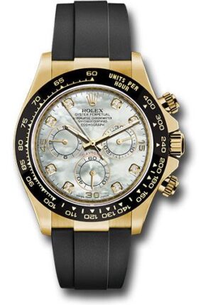 Rolex Yellow Gold Cosmograph Daytona 40 Watch – White Mother-Of-Pearl Diamond Dial – Black Oysterflex Strap – 116518LN